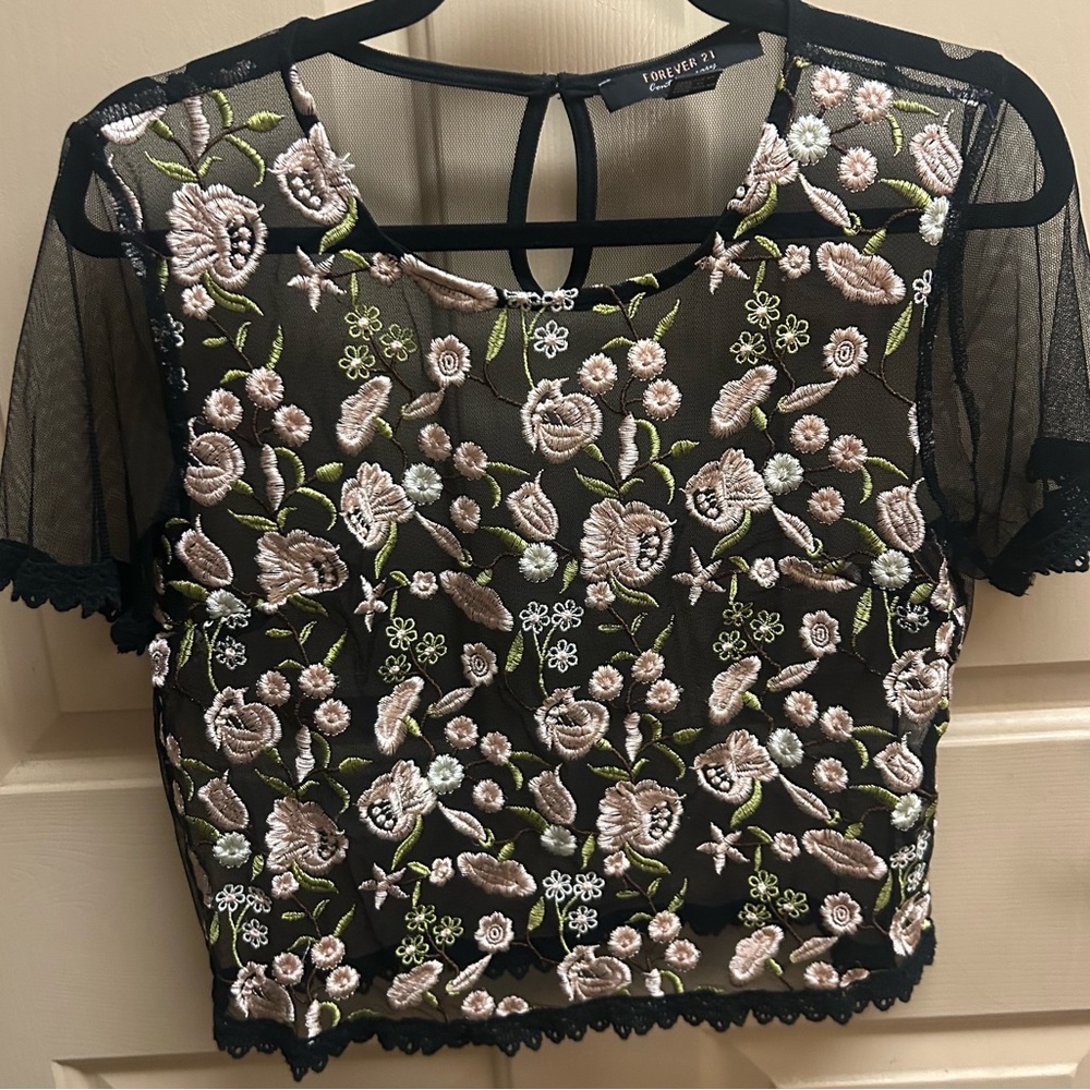 Forever 21 Black Mesh Crop Top with Floral Embroidery